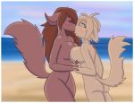  anthro basitin beach big_breasts blush breasts canid canine canis cheesefoxlee_(artist) crossgender female female/female huge_breasts keidran keith_keiser kissing mammal natani nude seaside twokinds webcomic wolf 