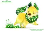  ambiguous_gender canid canine canis cryptid-creations dogwood domestic_dog english_text eyes_closed feral flower fur humor mammal pawpads plant pun simple_background solo text url visual_pun white_background yellow_body yellow_fur 