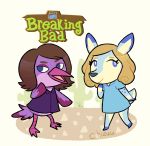  animal_crossing anthro avian beak blonde_hair blue_body blue_clothing blue_eyes blue_fur breaking_bad brown_hair cervid cervine chizuu clothed clothing crossover detailed_background duo female fluffy fluffy_tail fur hair hi_res mammal marie_schrader nintendo open_mouth purple_body purple_clothing purple_fur shirt skyler_white smile text topwear video_games 