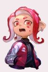  1girl black_sweater earrings grey_background hankuri jacket jewelry looking_at_viewer necklace octoling open_clothes open_jacket open_mouth red_eyes red_hair red_jacket ribbed_sweater simple_background splatoon_(series) splatoon_2 sweater tentacle_hair upper_body 