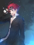  1boy ahoge bangs black_gloves blue_eyes final_fantasy final_fantasy_vii fingerless_gloves gloves goggles goggles_on_head highres holding holding_weapon long_sleeves looking_away open_collar open_mouth red_hair reno shirt solo tansan_daisuki upper_teeth weapon white_shirt 