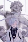  1boy bangs closed_eyes covering_one_eye highres jacket laughing male_focus myuhuaki open_mouth original ribbon sculpture short_hair silver_hair sketch solo teeth unzipped upper_body white_jacket 