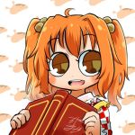 1girl apron avatar_icon book chamaji check_commentary checkered checkered_shirt commentary_request eyebrows_visible_through_hair hair_between_eyes hair_bobbles hair_ornament holding holding_book japanese_clothes looking_at_viewer lowres motoori_kosuzu open_mouth red_eyes red_hair shirt short_hair signature slug smile solo touhou twintails upper_body yellow_apron 
