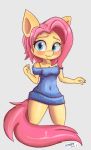  2019 4_fingers absurd_res anthro bare_shoulders blue_clothing blue_eyes blue_sweater blue_topwear blush bra_strap breasts cleavage clothed clothing equid equine eyebrows eyelashes female fingers fluttershy_(mlp) friendship_is_magic front_view fur grey_background hair hi_res horse hthfp looking_at_viewer mammal mole_(marking) my_little_pony navel open_mouth pink_hair pink_tail pony raised_inner_eyebrows signature simple_background solo standing sweater teeth topwear wide_hips yellow_body yellow_fur 