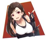  1girl black_gloves breasts brown_hair cleavage collarbone earrings final_fantasy final_fantasy_vii fingerless_gloves gloves index_finger_raised jewelry large_breasts long_hair manmaru_tamago open_mouth red_eyes smile solo tank_top teeth tifa_lockhart white_tank_top 