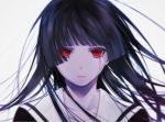  1girl bangs black_hair blood bloody_tears blunt_bangs blurry closed_mouth enma_ai floating_hair hatsuki1905 jigoku_shoujo long_hair looking_at_viewer red_eyes school_uniform serafuku sidelocks simple_background solo upper_body 