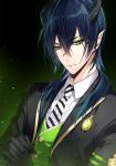 1boy bangs black_gloves blue_hair blurry closed_mouth gloves green_eyes hair_between_eyes hands_clasped horns long_hair looking_at_viewer male_focus mochizuki_shiina necktie open_clothes own_hands_together pointy_ears sidelocks solo striped striped_neckwear twisted_wonderland upper_body 