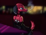  animal_crossing anthro blue_eyes canid canine canis cherry_(animal_crossing) domestic_dog eyebrows eyelashes female fur mammal nintendo purple_nose red_body red_fur smoking solo video_games zenirix 
