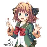  1girl arms_up black_ribbon blue_eyes blush brown_hair candy dated eyebrows_visible_through_hair food green_jacket green_skirt hachijou_(kantai_collection) hair_ribbon highres jacket kantai_collection lollipop long_sleeves looking_at_viewer neck_ribbon pleated_skirt pom_pom_(clothes) red_ribbon ribbon sailor_collar school_uniform serafuku short_hair simple_background skirt solo tk8d32 white_background 