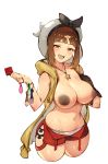  1girl :d atelier_(series) atelier_ryza breasts brown_eyes brown_hair commentary_request condom coon hair_ornament hairclip hat highres holding holding_condom jewelry large_breasts looking_at_viewer navel necklace nipples open_mouth red_shorts reisalin_stout short_hair short_shorts shorts simple_background smile solo star star_necklace sweat teeth thighs upper_teeth used_condom white_background white_headwear 