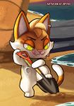  2020 anthro bandanna beach blitzdrachin chibi collar conditional_dnp day detailed_background domestic_cat ear_piercing ear_ring fangs felid feline felis fingers hi_res mammal outside paws piercing sand sea seaside shoreline shovel solo standing teeth toes tongue tongue_out tools water yellow_eyes 