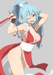  1girl alternate_hairstyle aqua_(konosuba) bare_shoulders blue_eyes blue_hair blush breasts cleavage collarbone commentary_request cosplay eyebrows_visible_through_hair fatal_fury gloves grey_background hair_between_eyes hair_ornament hand_in_hair japanese_clothes kono_subarashii_sekai_ni_shukufuku_wo! large_breasts long_hair looking_at_viewer lower_teeth no_bra no_panties one_eye_closed open_mouth pelvic_curtain ponytail revealing_clothes salpin shiranui_mai shiranui_mai_(cosplay) simple_background smile solo the_king_of_fighters very_long_hair 