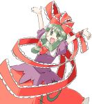  1girl :d @_@ arms_up arnest bangs bow cowboy_shot dress frilled_ribbon frills front_ponytail green_eyes green_hair hair_bow hair_ribbon kagiyama_hina long_hair open_mouth red_bow red_dress red_ribbon ribbon short_sleeves simple_background smile solo touhou white_background wrist_ribbon 