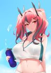  1girl azur_lane bangs blue_sky blush bottle breasts bremerton_(azur_lane) bremerton_(scorching-hot_training)_(azur_lane) cleavage commentary crop_top hair_between_eyes hair_ornament hairclip highres long_hair looking_at_viewer multicolored_hair pink_eyes pink_hair shirt shito_zhizhen sky sleeveless sleeveless_shirt sportswear streaked_hair tennis_uniform twintails two-tone_shirt water_bottle water_drop x_hair_ornament 