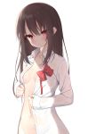  1girl bow bowtie breasts brown_hair collarbone collared_shirt groin kamu_(geeenius) long_hair long_sleeves looking_at_viewer naked_shirt navel original red_eyes red_neckwear shirt simple_background slit_pupils small_breasts solo stomach upper_body wet white_background white_shirt 