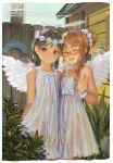  2girls :d ^_^ alphonse_(white_datura) angel_wings arms_behind_back bangs bare_arms bare_shoulders black_eyes black_hair blush braid brown_hair building closed_eyes commentary dress english_commentary english_text facing_viewer feathered_wings feet_out_of_frame fence flat_chest flower flower_wreath glasses hair_bun hair_flower hair_ornament head_wreath highres lantern lifebuoy looking_at_viewer multiple_girls nipples open_mouth original parted_bangs plant red-framed_eyewear rose scrunchie see-through semi-rimless_eyewear sidelocks sleeveless sleeveless_dress smile standing sundress twin_braids under-rim_eyewear waving wet wet_clothes wet_dress white_flower white_rose white_wings wings wooden_fence wrist_scrunchie 