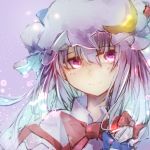  1girl absurdres blue_bow blue_ribbon blurry bokeh bow commentary_request crescent depth_of_field hair_bow hat hat_ribbon highres long_hair looking_at_viewer mob_cap patchouli_knowledge purple_background purple_eyes purple_hair red_bow red_neckwear red_ribbon ribbon safutsuguon smile solo touhou upper_body 