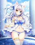  1girl aina_rive animal_ear_fluff animal_ears antenna_hair ass_visible_through_thighs babydoll bangle bangs bare_shoulders bell blue_bow blue_eyes blue_ribbon blue_sky blush bow bow_panties bracelet breasts brown_eyes cat_ears cat_girl cat_tail cleavage closed_mouth cloud cloudy_sky commentary_request day eyebrows_visible_through_hair frilled_panties frills groin hair_between_eyes hair_intakes hair_ribbon heterochromia jewelry looking_at_viewer mauve medium_breasts navel original outdoors panties pillar ribbon sky smile solo standing strapless tail tail_raised tail_ribbon thigh_gap underwear underwear_only water water_drop white_panties 