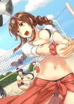  3girls abo_(hechouchou) agano_(kantai_collection) alternate_costume ball bangs beach beach_volleyball beachball bikini black_hair braid breasts brown_hair cleavage cloud day hair_ribbon highres kantai_collection large_breasts long_hair multiple_girls navel noshiro_(kantai_collection) one-piece_swimsuit open_mouth out_of_frame outdoors ponytail purple_hair ribbon sakawa_(kantai_collection) sand shirt short_hair shorts sky swimsuit tied_shirt twin_braids volleyball yahagi_(kantai_collection) 