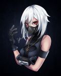  1girl artist_name bangs bare_shoulders black_gloves breasts commentary_request dark_background fortnite gloves hair_between_eyes highres jewelry looking_at_viewer mask medium_breasts medium_hair mouth_mask necklace red_eyes simple_background solo white_hair yuki_(angieee) 
