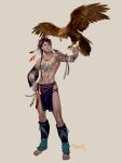  1boy armband bird blue_legwear bracelet brown_hair feathers full_body hair_feathers hand_on_hip hawk jewelry k2_(chandara) long_hair male_focus muscle navel necklace original simple_background solo standing toeless_legwear 