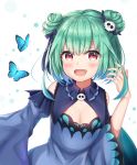  1girl :d absurdres bangs blue_bow blue_dress blue_sleeves blush bow breasts bug butterfly cleavage commentary_request detached_sleeves double_bun dress eyebrows_visible_through_hair fang green_hair hair_bow hair_ornament hand_up highres hololive insect long_sleeves looking_at_viewer namekuji_ojiichan open_mouth red_eyes short_hair simple_background skull_hair_ornament sleeveless sleeveless_dress small_breasts smile solo uruha_rushia virtual_youtuber white_background wide_sleeves 