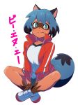  1girl :q animal_ears blue_hair brand_new_animal full_body furry green_eyes indian_style jacket kagemori_michiru long_sleeves looking_at_viewer manmaru_tamago raccoon_ears raccoon_girl raccoon_tail red_jacket shirt shoes short_hair simple_background sitting solo tail tongue tongue_out white_background white_footwear white_shirt 