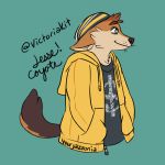  1:1 anthro black_clothing black_nose blue_eyes breaking_bad brown_body brown_fur canid canine canis clothed clothing coyote fluffy fluffy_tail fur hat headgear headwear jacket jesse_pinkman male mammal shirt simple_background smile solo text topwear yellow_clothing yourjazzonia 