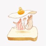  1girl ayu_(mog) bacon barefoot bird brown_hair bunny chick dress falling food fried_egg from_side long_hair original personification pink_dress simple_background solo surreal toast white_background |_| 