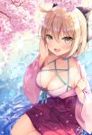  1girl :d ahoge bangs bikini bikini_under_clothes black_bow blonde_hair blush bow breasts brown_eyes cherry_blossoms cleavage collarbone commentary_request criss-cross_halter eyebrows_visible_through_hair fate/grand_order fate_(series) hair_bow hakama halterneck hand_up japanese_clothes kimono long_sleeves looking_at_viewer medium_breasts okita_souji_(fate) okita_souji_(fate)_(all) open_clothes open_kimono open_mouth outdoors pink_kimono purple_hakama shikitani_asuka short_hair smile spring_(season) swimsuit tree_branch twitter_username v-shaped_eyebrows water water_drop wet wet_clothes white_bikini wide_sleeves 