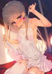  1girl armpits bare_shoulders blush commentary_request dress earrings eyebrows_visible_through_hair garter_straps grey_hair hand_up jewelry lifted_by_self long_hair looking_at_viewer original purple_eyes sitting solo tatami_to_hinoki thighhighs white_dress white_legwear 