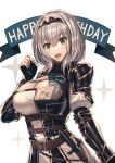  1girl absurdres armor banner black_gloves breasts cleavage cleavage_cutout commentary cowboy_shot eyebrows_visible_through_hair fingerless_gloves gloves green_eyes hair_between_eyes happy_birthday highres hololive large_breasts looking_at_viewer mazeru_(oekaki1210) o-ring open_mouth shirogane_noel short_hair shoulder_armor silver_hair simple_background smile solo sparkle strap tiara vambraces virtual_youtuber weapon white_background 