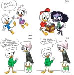  anatid anseriform avian bird book bottomless bottomwear clothed clothing comic dewey_duck dialogue disney duck ducktales ducktales_(2017) english_text female footwear frava8 group hat headgear headwear hi_res hoodie huey_duck lena_(ducktales) louie_duck male shirt shoes skirt t-shirt text topwear vest violet_sabrewing webby_vanderquack 