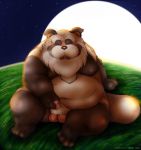  2006 anthro balls belly brown_body brown_fur canid canine censored erection eyes_closed fur genitals kemono male mammal masturbation moobs moon night nipples norataro outside overweight overweight_male penis raccoon_dog sitting solo tanuki 