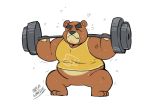  2020 animal_crossing anthro bodily_fluids brown_body brown_fur clothing exercise eyes_closed fur hi_res male mammal megawaffle_(artist) nintendo overweight overweight_male shirt simple_background solo sweat teddy_(animal_crossing) topwear ursid video_games white_background workout 