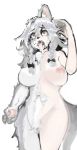  2015 alternate_species big_breasts black_nose bodily_fluids braided_hair breasts canid female hair mammal naturally_censored nipples nude red_eyes sakuya_izayoi silver_hair simple_background solo tears tongue tongue_out toribako touhou transformation video_games white_background 