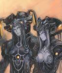  1boy 1girl android breasts brother_and_sister egil grey_skin headdress highres lobsterbaby99 medium_breasts red_eyes siblings smile vanea xenoblade_(series) xenoblade_1 