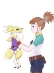  2020 absurd_res belt bodily_fluids canid canine claws clothing digimon digimon_(species) gloves hair handwear hi_res holding_(disambiguation) human looking_at_another mammal ponytail renamon rika_nonaka simple_background sweat toe_claws tuft white_background yellow_body 