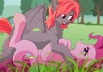  bat_pony blood bodily_fluids dark duo earth_pony equid equine female feral friendship_is_magic hi_res horse lorenzobrezo lying mammal my_little_pony on_back outside pinkie_pie_(mlp) pony predator_(disambiguation) prey_(disambiguation) tree 