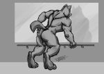  anthro balls canid canine canis digitigrade fullbodywolf genitals hi_res male mammal monochrome muscular muscular_male reflection sketch solo standing wolf 