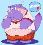  2012 anthro belly blush bodily_fluids clothing hippopotamid kemono male mammal norataro overweight overweight_male purple_body shirt simple_background solo sweat topwear underwear 