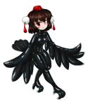  2017 animal_humanoid avian avian_humanoid black_hair blush breasts clothing female hair hat headgear headwear humanoid red_eyes rubber rubber_suit simple_background smile solo tagumi touhou video_games white_background 