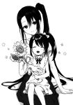 2girls alternate_costume closed_eyes dress flower greyscale hair_ribbon highres kantai_collection long_hair monochrome mother_and_daughter multiple_girls nachi_(kantai_collection) ototsu_kei ponytail ribbon side_ponytail sitting sitting_on_person smile sunflower 