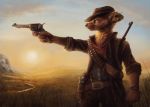  2020 anthro belt brown_body brown_fur clothed clothing cloud detailed detailed_background fluffy fully_clothed fur grass gun handgun hat headgear headwear holding_gun holding_object holding_weapon inner_ear_fluff kebi mammal marten mustelid musteline notched_ear outside pine_marten ranged_weapon revolver sky solo standing sun tuft weapon whiskers 