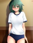  1girl blue_buruma buruma cowboy_shot green_eyes green_hair gym_shirt gym_uniform heterochromia highres kantai_collection kiso_(kantai_collection) sebunsu shirt short_hair short_sleeves solo standing white_shirt yellow_eyes 