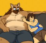  2020 anthro belly blue_eyes bottomwear brown_body brown_fur canid canine canis clothing domestic_dog duo fur german_shepherd herding_dog hi_res human humanoid_hands jacob_(pabloalderfox) male mammal moobs navel nipples overweight overweight_male pablo_(pabloalderfox) pabloalderfox pastoral_dog shirt shorts simple_background sitting topwear yellow_background 