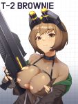  1girl :3 absurdres assault_rifle bangs blush bodysuit breasts brown_eyes brown_hair character_name chest_strap ett01024 goggles goggles_on_head gun highres large_breasts last_origin looking_at_viewer rifle short_hair smile solo t-2_brownie weapon 