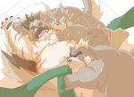  2020 anthro ashigara bed belly bodily_fluids brown_body brown_fur canid canine canis domestic_dog fur furniture group hi_res hottophoto kemono licking lying male male/male mammal moobs moritaka nipple_fetish nipple_lick nipple_play nipples oral overweight overweight_male pillow sex sweat tokyo_afterschool_summoners tongue tongue_out ursid video_games yasuyori 