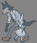  2020 anthro beastars biped bottomwear brwnsteel canid canine canis clothed clothing duo footwear fully_clothed fur grey_background grey_body grey_fur haru_(beastars) lagomorph legoshi_(beastars) legwear leporid mammal pants plantigrade rabbit shirt shoes simple_background skirt smile socks topwear white_body white_fur wolf 