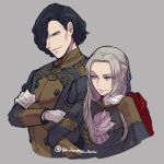  1boy 1girl black_hair closed_mouth crossed_arms edelgard_von_hresvelg fire_emblem fire_emblem:_three_houses garreg_mach_monastery_uniform gloves grey_background grin hair_over_one_eye hair_ribbon hubert_von_vestra long_hair long_sleeves purple_eyes ribbon short_hair simple_background smile suikomu_now twitter_username uniform upper_body white_gloves white_hair 